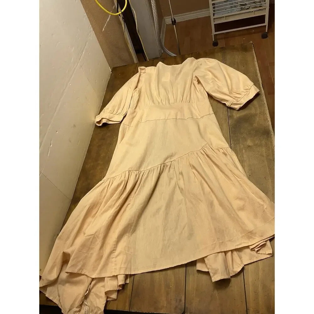 Free People Peach Linen Blend Balloon Sleeve Tiered Midi Wrap Dress Sz M Peach